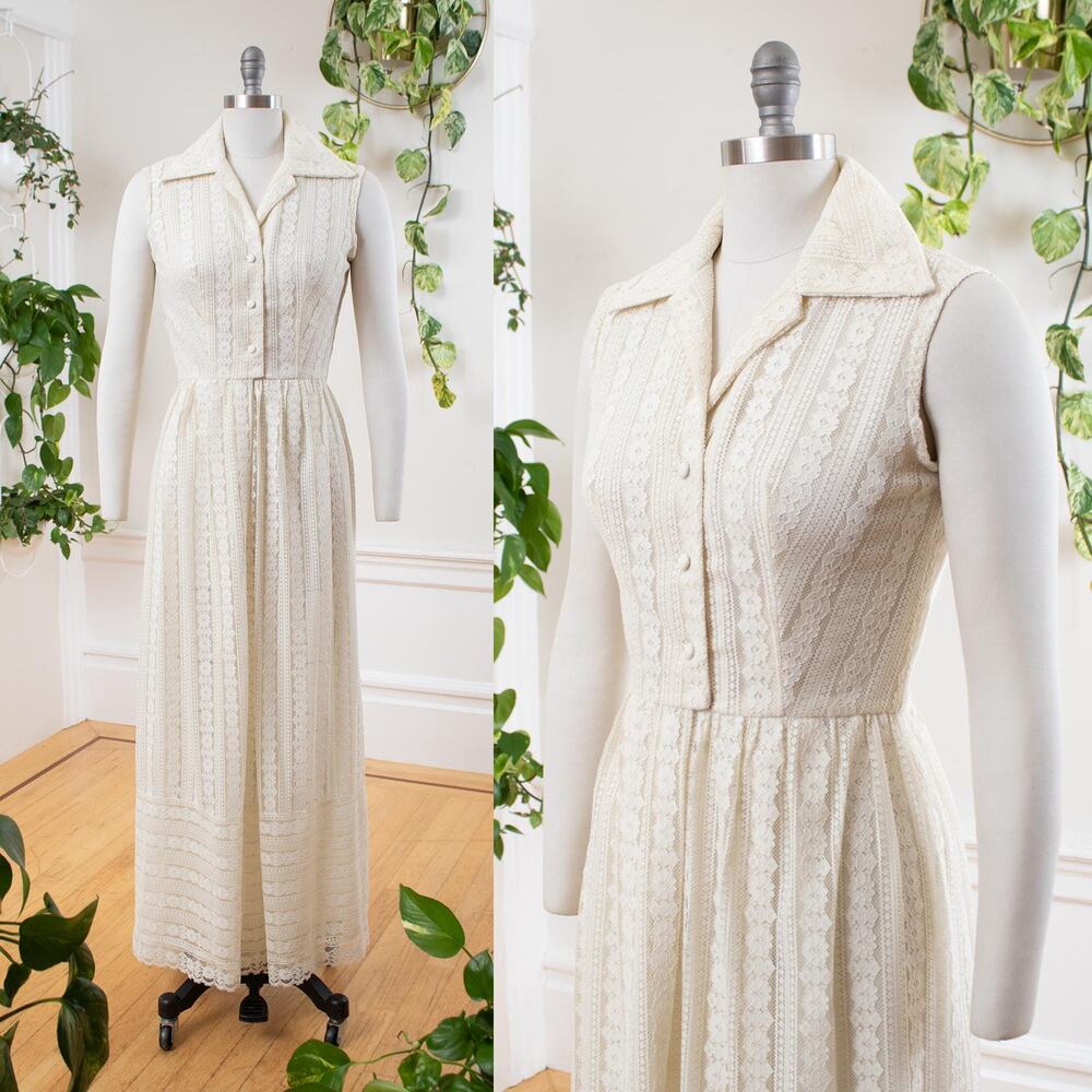 Vintage 1960s Maxi Dress 60s Lace Off White Sundress Boho Bridal Wedding Gown